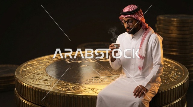 رجل سعودي يجلس على عملة ريال ضخمة يشرب القهوة