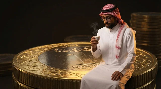 Saudi Man Sitting on Giant Riyal Coin Drinking Coffee