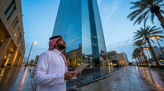 رجل أعمال سعودي ينظر إلى ناطحة سحاب زجاجية في الرياض