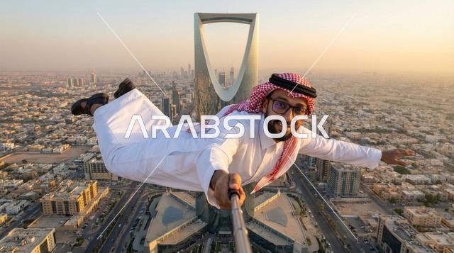 رجل سعودي يحلق فوق برج المملكة بالرياض وقت الغروب