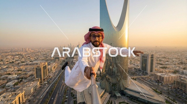 رجل سعودي يلتقط سيلفي فوق أفق مدينة الرياض