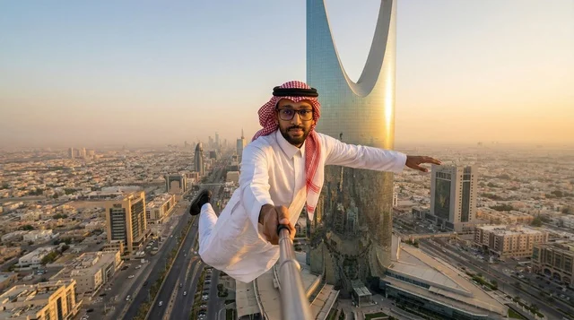 رجل سعودي يلتقط سيلفي فوق أفق مدينة الرياض