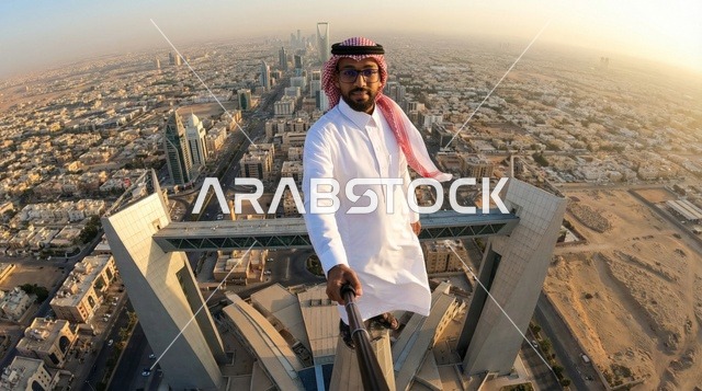 رجل سعودي يلتقط سيلفي فوق ناطحة سحاب بالرياض