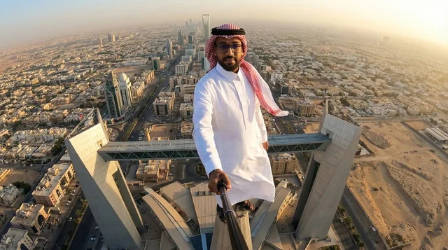 Saudi Man Taking Selfie on Riyadh Skyscraper Skyline