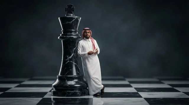 Saudi Businessman Leaning on Giant Chess King Piece