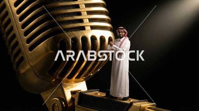 رجل سعودي يقف على ميكروفون ذهبي عتيق ضخم