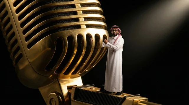 Saudi Man Standing on Giant Gold Vintage Microphone
