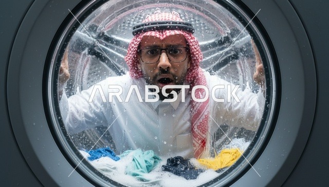 رجل سعودي مصدوم ينظر داخل غسالة الملابس