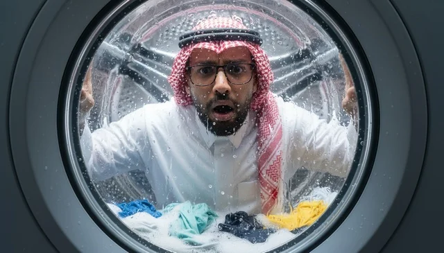 رجل سعودي مصدوم ينظر داخل غسالة الملابس