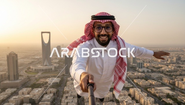 Saudi Man Selfie Over Riyadh Skyline Kingdom Centre