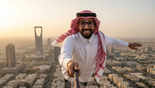 Saudi Man Selfie Over Riyadh Skyline Kingdom Centre