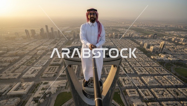 رجل سعودي فوق برج المملكة بالرياض وقت الغروب