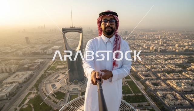 رجل سعودي في الرياض مع برج المملكة وقت الغروب