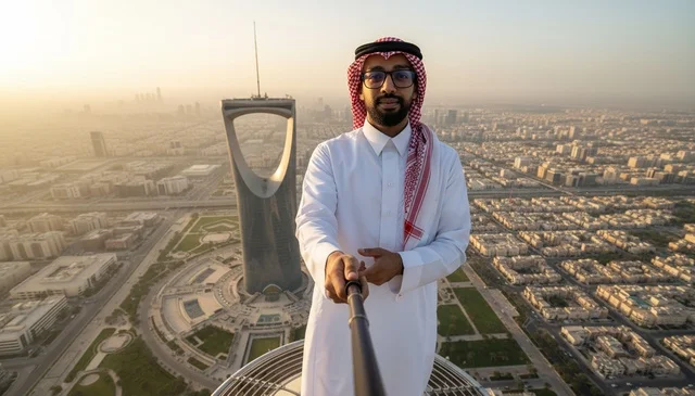 رجل سعودي في الرياض مع برج المملكة وقت الغروب