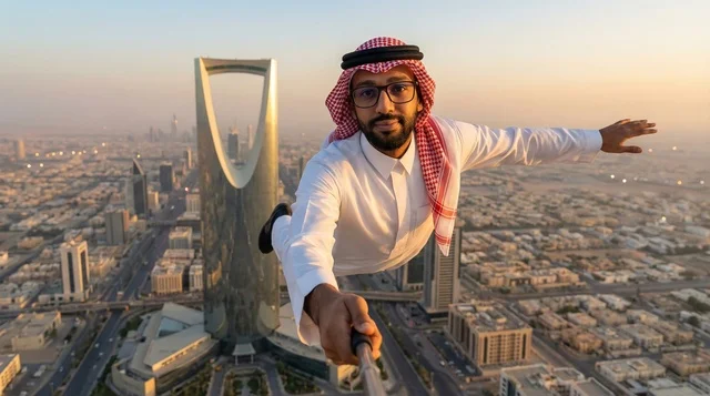 رجل سعودي يحلق فوق مدينة الرياض وبرج المملكة وقت الغروب