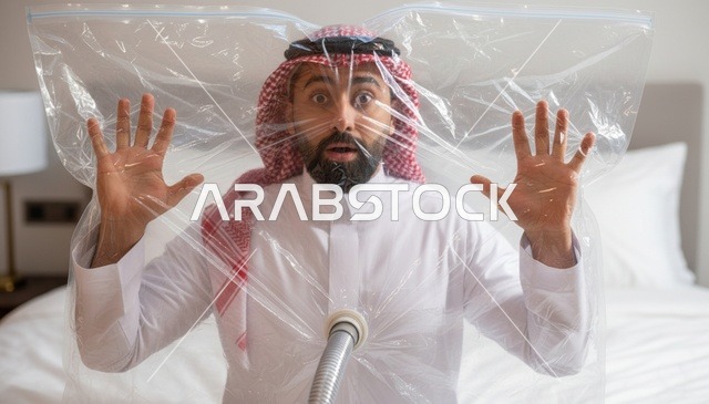 رجل سعودي محاصر داخل كيس تخزين مفرغ