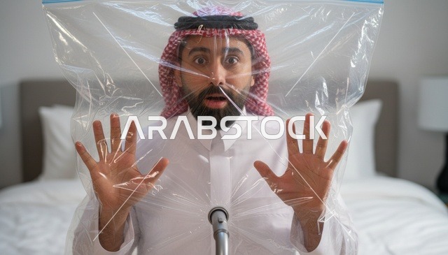 رجل سعودي مصدوم خلف كيس بلاستيكي في غرفة نوم