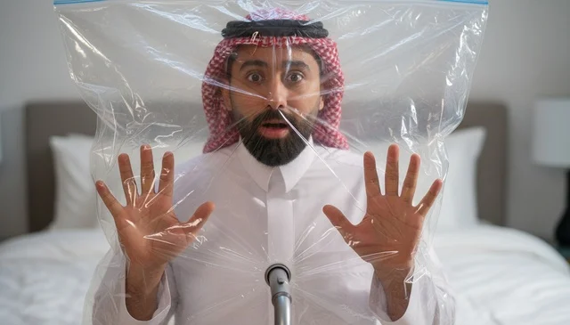 رجل سعودي مصدوم خلف كيس بلاستيكي في غرفة نوم