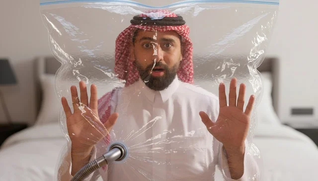 رجل سعودي بالزي التقليدي خلف كيس تخزين مفرغ
