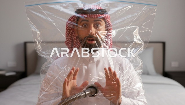 رجل سعودي داخل كيس تخزين مفرغ بتعبير مندهش