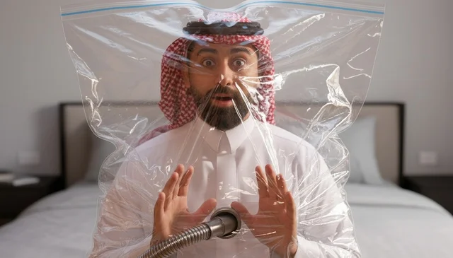 رجل سعودي داخل كيس تخزين مفرغ بتعبير مندهش