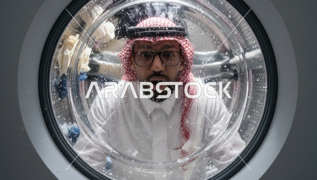 رجل سعودي مصدوم ينظر عبر باب غسالة الملابس الزجاجي