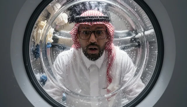 رجل سعودي مصدوم ينظر عبر باب غسالة الملابس الزجاجي