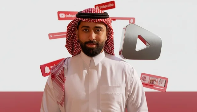 Saudi Man Content Creator with YouTube Social Media Icons