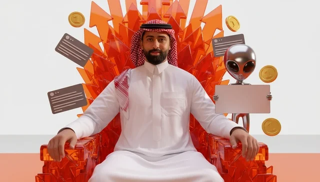 Saudi Businessman on Growth Arrow Throne with Alien