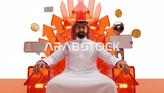 رجل سعودي على عرش من الأسهم مع أيقونات مالية