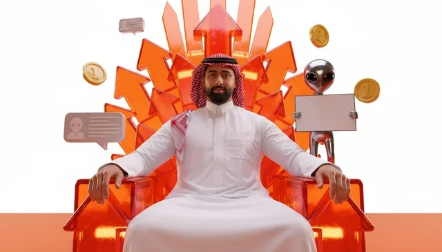 Saudi Man on Arrow Throne with Financial Icons