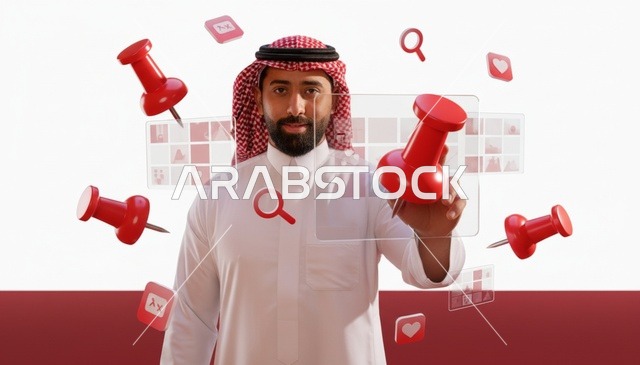 Saudi Businessman Using Digital Interface with Red Thumbtacks