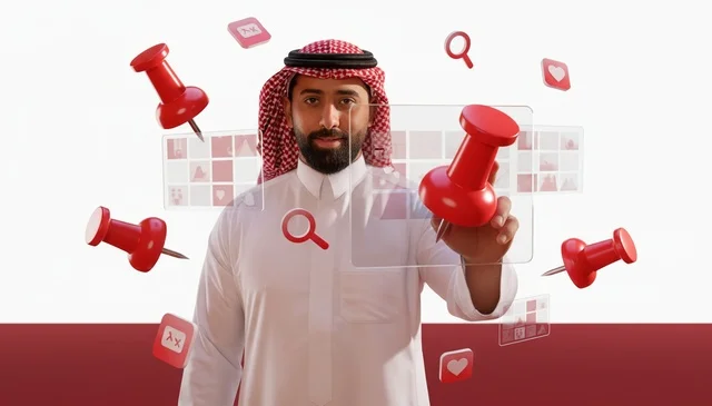Saudi Businessman Using Digital Interface with Red Thumbtacks
