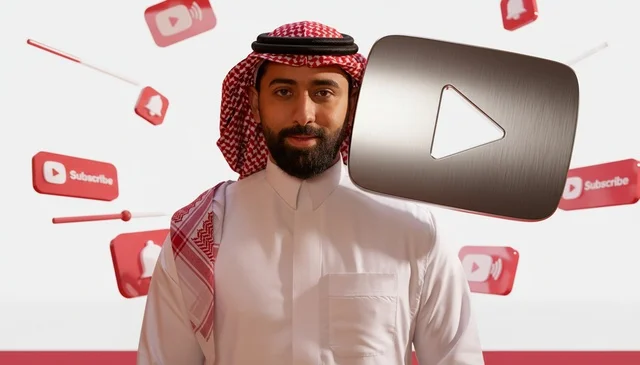 Saudi Man with YouTube Icons and Silver Play Button