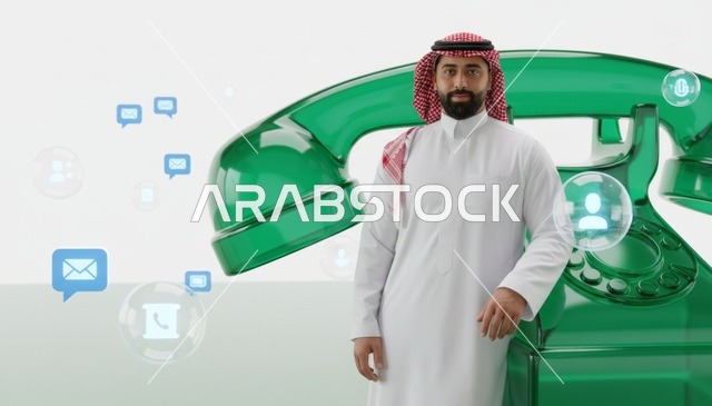 رجل سعودي مع هاتف أخضر وأيقونات تواصل رقمية