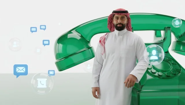 Saudi Man with Green 3D Telephone and Digital Icons Saudi Man with Green 3D Telephone and Digital Icons