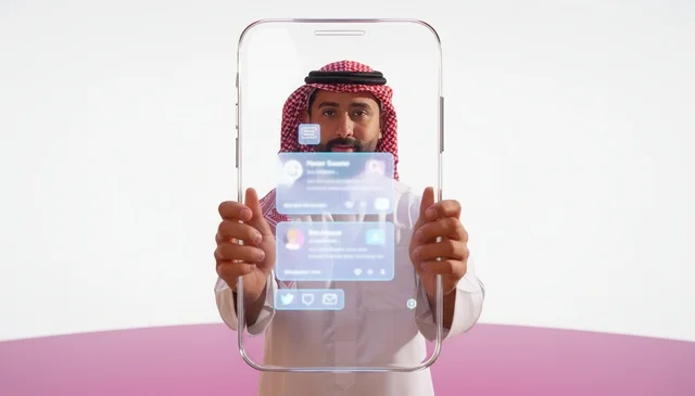 Saudi Man Holding Futuristic Transparent Digital Screen