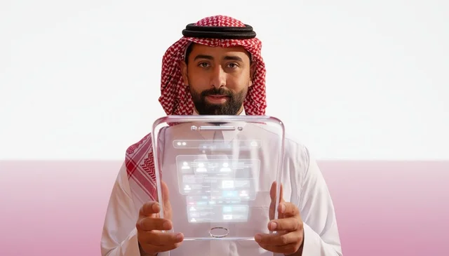 Saudi Man Holding Futuristic Digital Tablet Interface