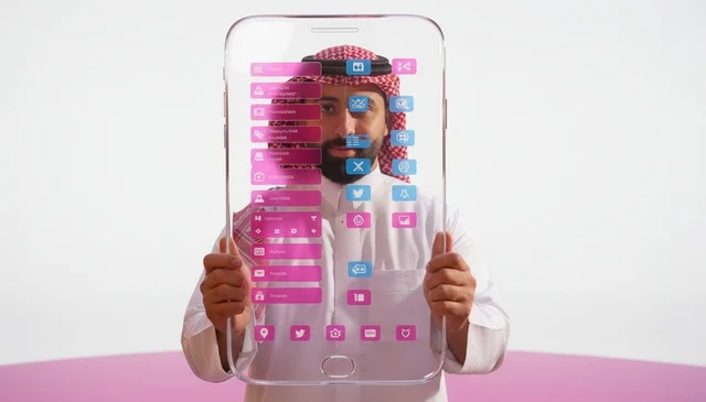 Saudi Man with Transparent Digital Technology Interface
