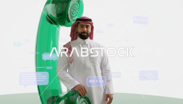 رجل سعودي مع هاتف عملاق ورسائل رقمية