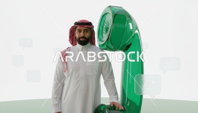 رجل سعودي مع أيقونة هاتف أخضر للاتصالات