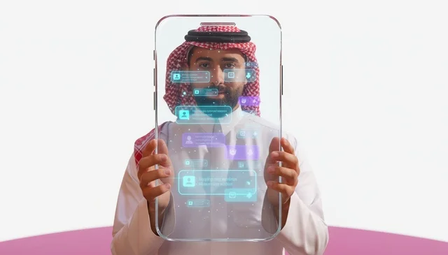 Saudi Man with Transparent Digital Screen Hologram Tech