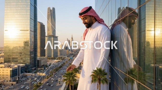 رجل سعودي بالزي التقليدي يطل على أفق مدينة الرياض