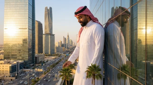 رجل سعودي بالزي التقليدي يطل على أفق مدينة الرياض