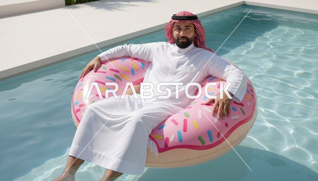 رجل سعودي بالثوب على طوق سباحة في المسبح