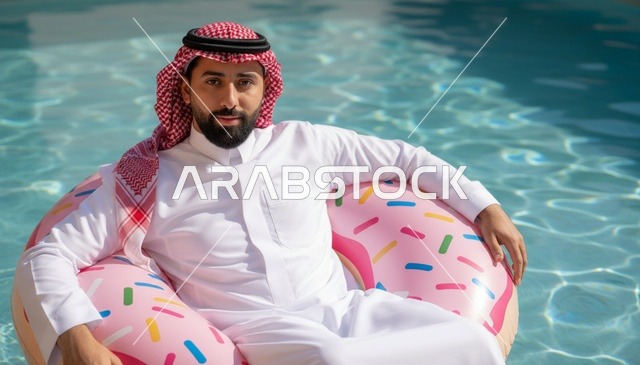 رجل سعودي بالثوب على عوامة مسبح دائرية