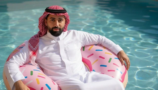 رجل سعودي بالثوب على عوامة مسبح دائرية