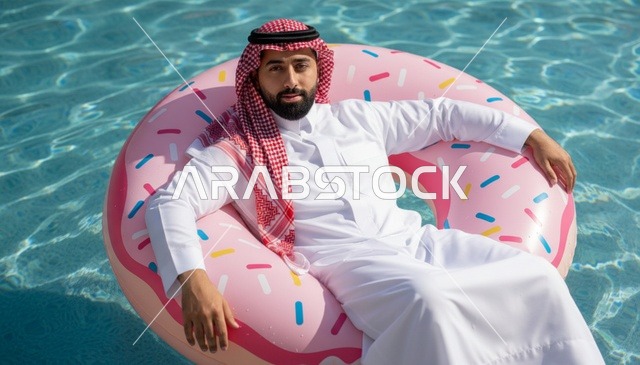 رجل سعودي بالثوب يسترخي على عوامة في المسبح