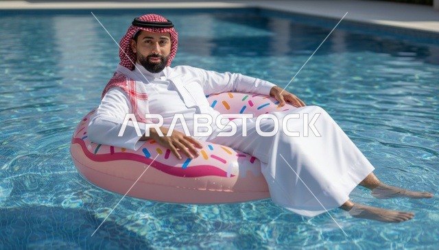 رجل سعودي بالثوب يطفو في مسبح على طوق سباحة