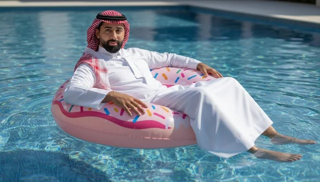 رجل سعودي بالثوب يطفو في مسبح على طوق سباحة